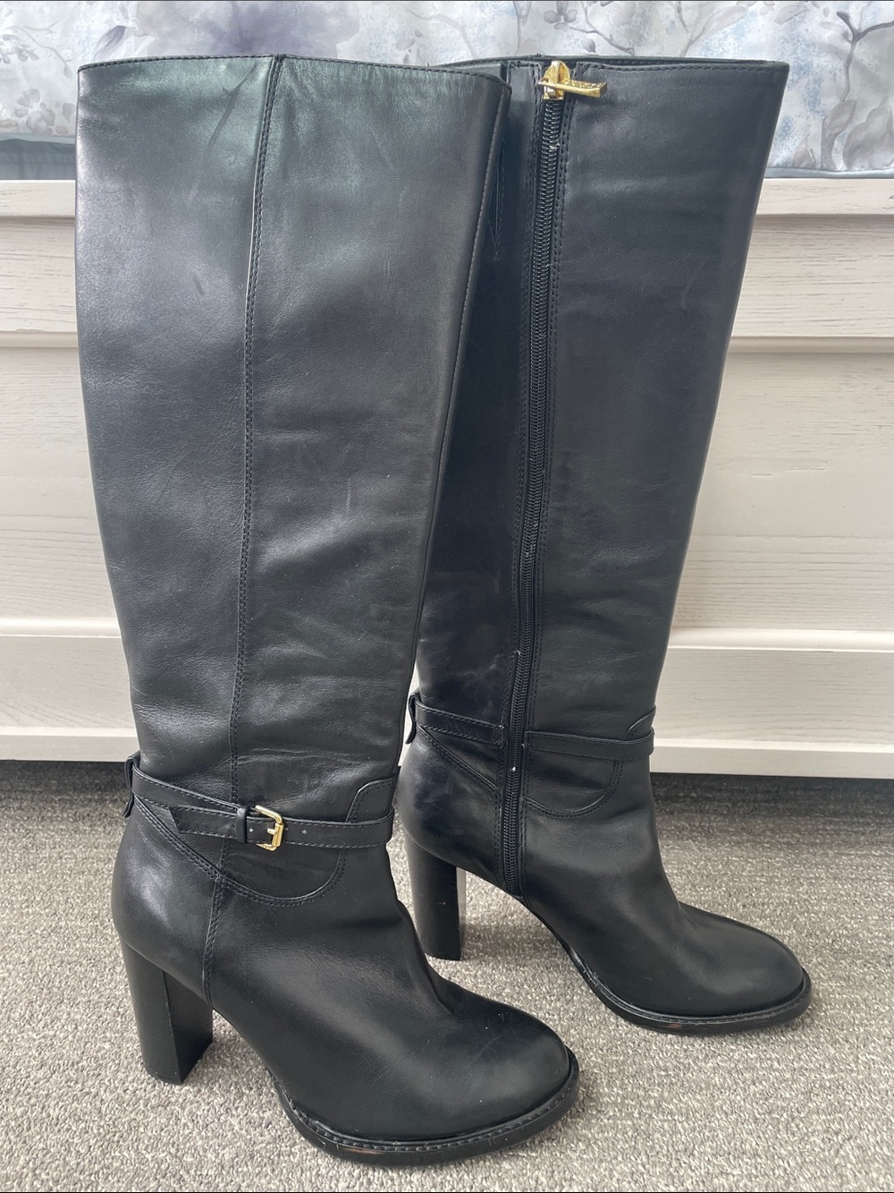 Vintage Ivanka Trump Black Leather Knee-High Heeled Boots with Gold Buckle